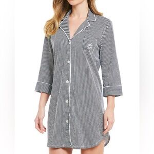 Lauren Ralph Lauren Classic Notch Collar 3/4 Sleeve Striped Cotton